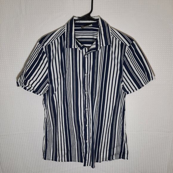 ASOS Men’s M Blue Stripe Short Sleeve Shirt Stretch Cotton Casual Preppy - Picture 1 of 4